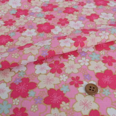 和柄コットン生地 金の縁取り桜もよう(ピンク) 10cm単位 切り売り