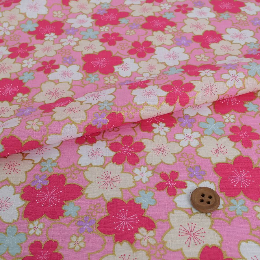 和柄コットン生地 金の縁取り桜もよう(ピンク) 10cm単位 切り売り コットンドビー 浴衣甚平生地 HOKKOH 桜模様 さくら柄 ピンク