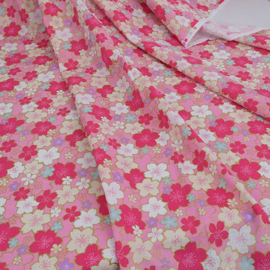 和柄コットン生地 金の縁取り桜もよう(ピンク) 10cm単位 切り売り コットンドビー 浴衣甚平生地 HOKKOH 桜模様 さくら柄 ピンク