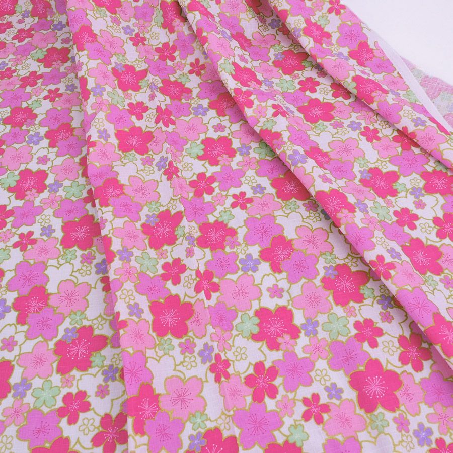 和柄コットン生地 金の縁取り桜もよう(白) 10cm単位 切り売り コットンドビー 浴衣甚平生地 HOKKOH 桜模様 さくら柄 白地