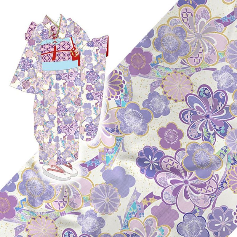 着物用洗える生地 束ねのしに和花(薄紫) 1反売り(約12m) 七五三の祝い着や和装小物に華やか上品なポリエステル和柄反物