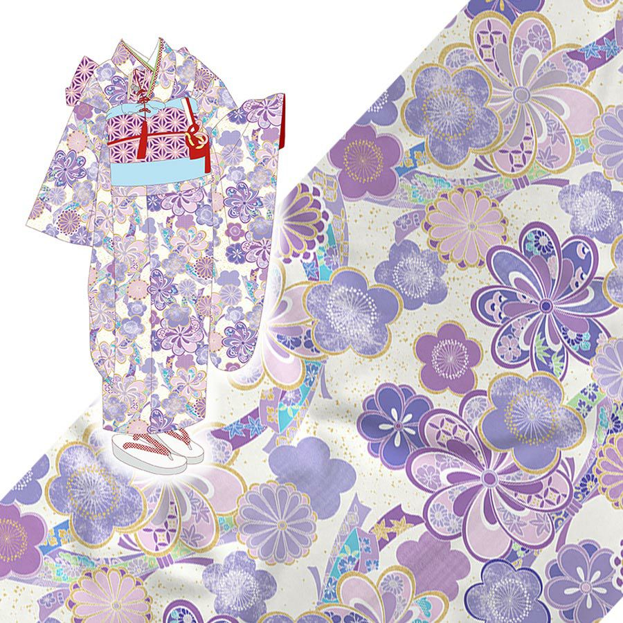 着物用洗える生地 束ねのしに和花(薄紫) 1反売り(約12m) 七五三の祝い着や和装小物に華やか上品なポリエステル和柄反物