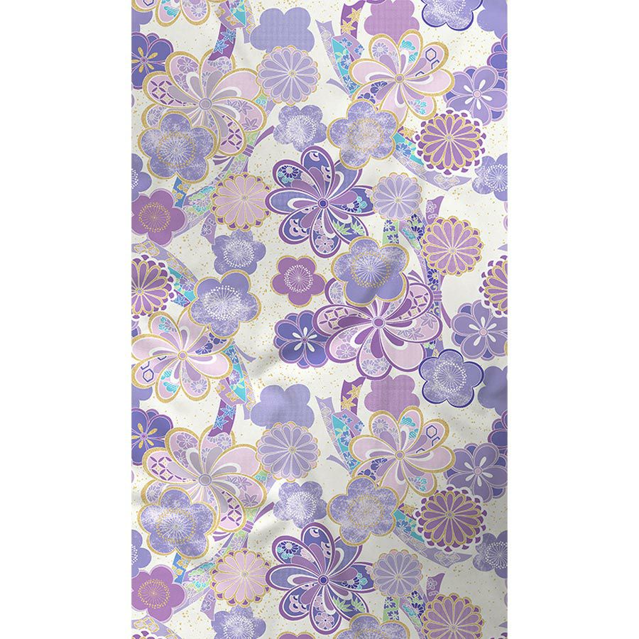 着物用洗える生地 束ねのしに和花(薄紫) 1反売り(約12m) 七五三の祝い着や和装小物に華やか上品なポリエステル和柄反物