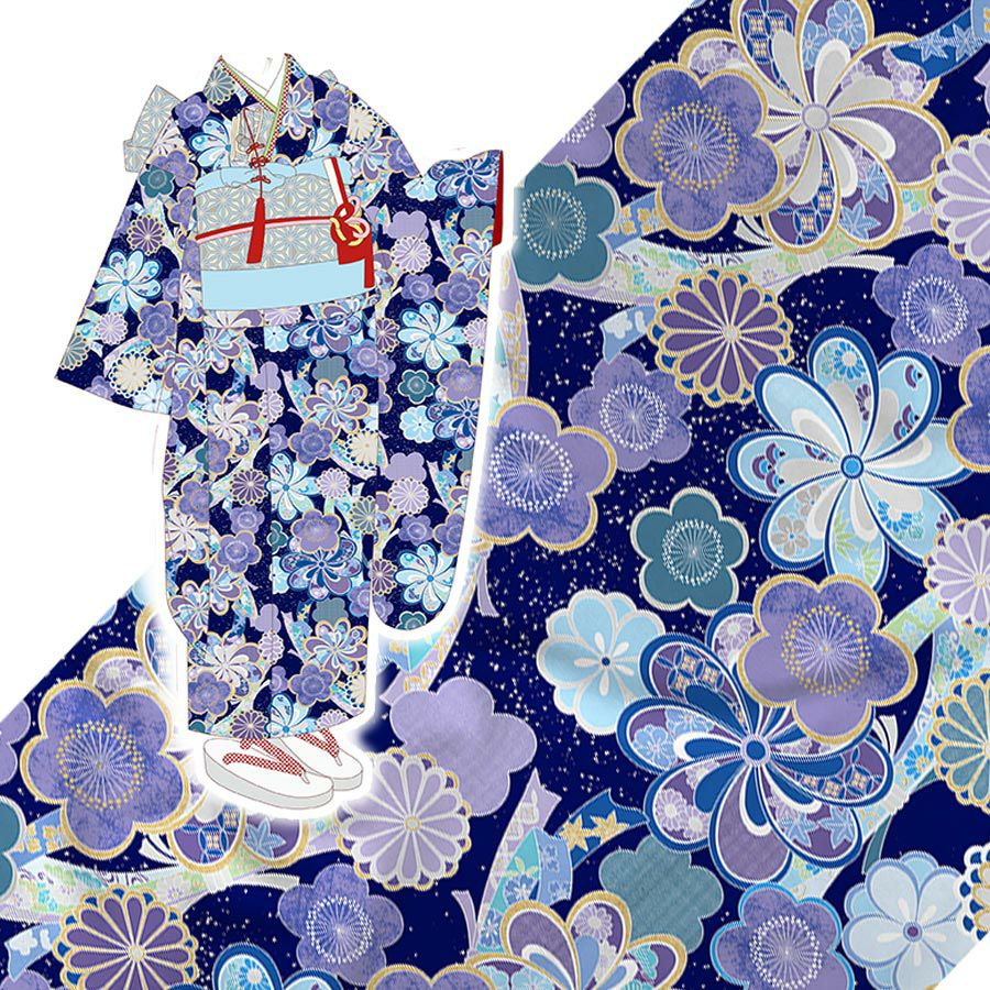 着物用洗える生地 束ねのしに和花(紺色) 1反売り(約12m) 七五三の祝い着や和装小物に華やか上品なポリエステル和柄反物