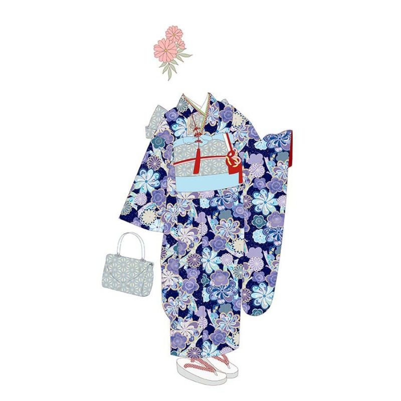 着物用洗える生地 束ねのしに和花(紺色) 1反売り(約12m) 七五三の祝い着や和装小物に華やか上品なポリエステル和柄反物