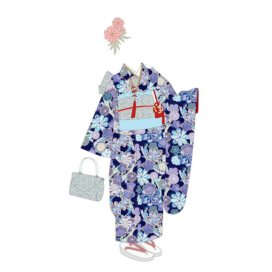 着物用洗える生地 束ねのしに和花(紺色) 1反売り(約12m) 七五三の祝い着や和装小物に華やか上品なポリエステル和柄反物