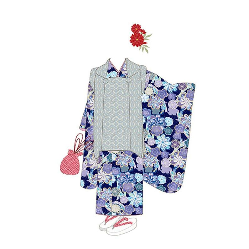 着物用洗える生地 束ねのしに和花(紺色) 1反売り(約12m) 七五三の祝い着や和装小物に華やか上品なポリエステル和柄反物