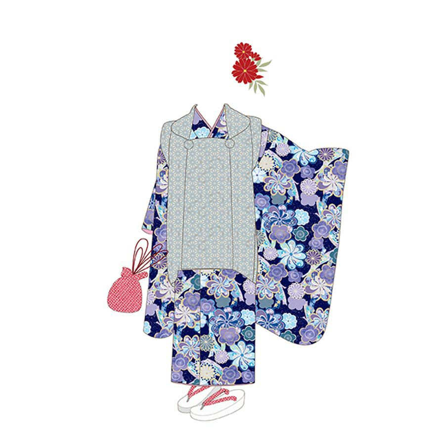 着物用洗える生地 束ねのしに和花(紺色) 1反売り(約12m) 七五三の祝い着や和装小物に華やか上品なポリエステル和柄反物