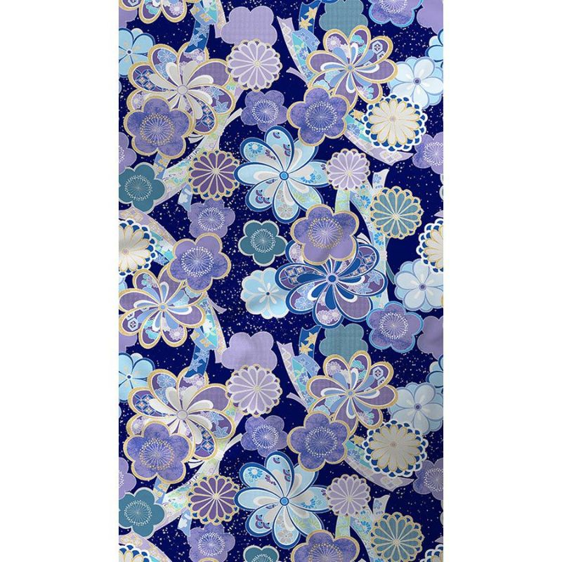 着物用洗える生地 束ねのしに和花(紺色) 1反売り(約12m) 七五三の祝い着や和装小物に華やか上品なポリエステル和柄反物