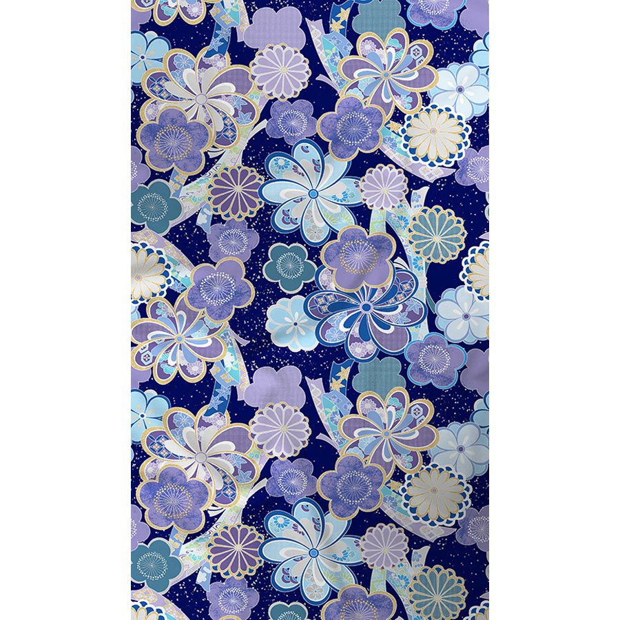 着物用洗える生地 束ねのしに和花(紺色) 1反売り(約12m) 七五三の祝い着や和装小物に華やか上品なポリエステル和柄反物