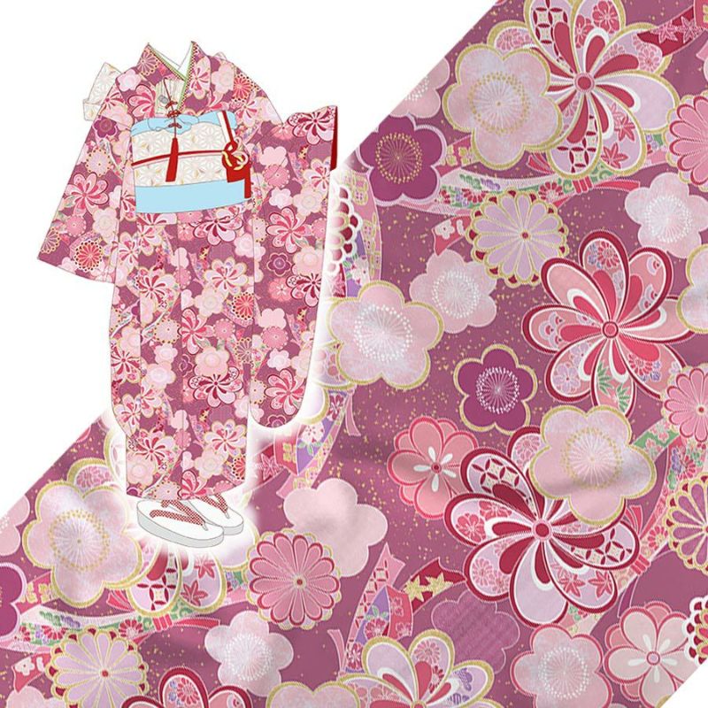 着物用洗える生地 束ねのしに和花(ピンク) 1反売り(約12m) 七五三の祝い着や和装小物に華やか上品なポリエステル和柄反物