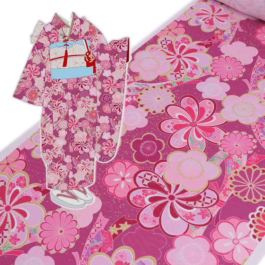 着物用洗える生地 束ねのしに和花(ピンク) 1反売り(約12m) 七五三の祝い着や和装小物に華やか上品なポリエステル和柄反物
