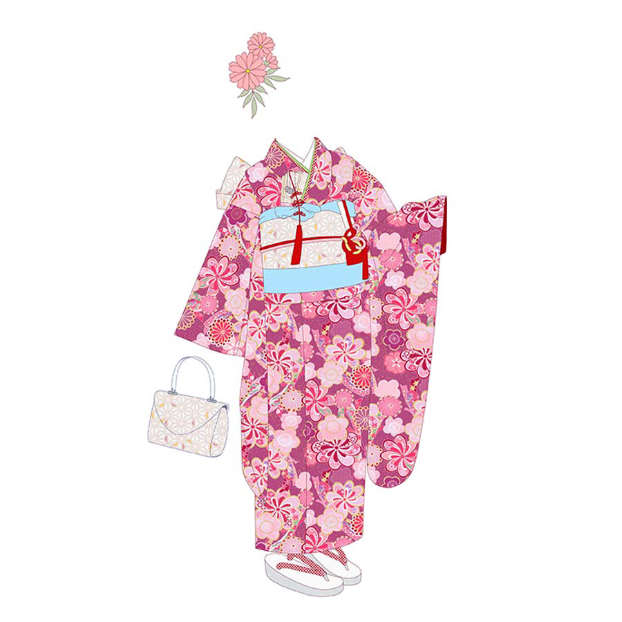 着物用洗える生地 束ねのしに和花(ピンク) 1反売り(約12m) 七五三の祝い着や和装小物に華やか上品なポリエステル和柄反物