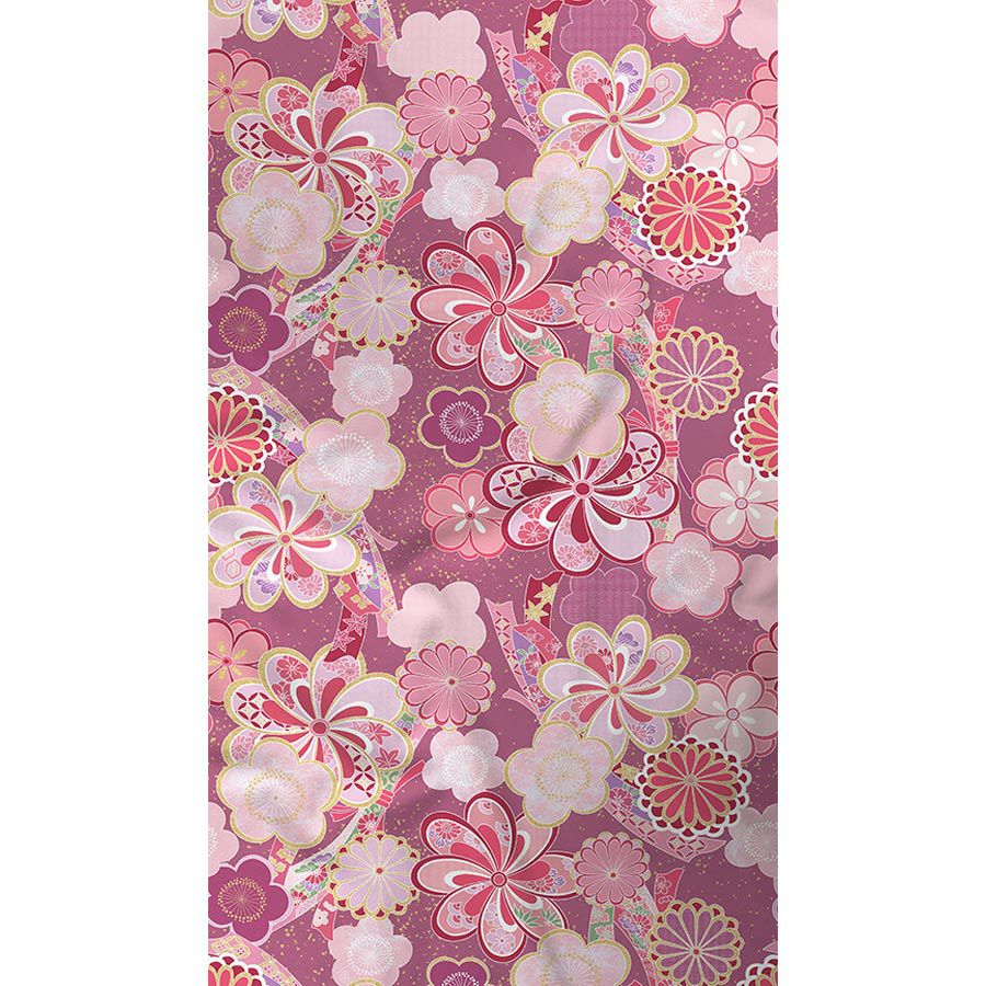 着物用洗える生地 束ねのしに和花(ピンク) 1反売り(約12m) 七五三の祝い着や和装小物に華やか上品なポリエステル和柄反物