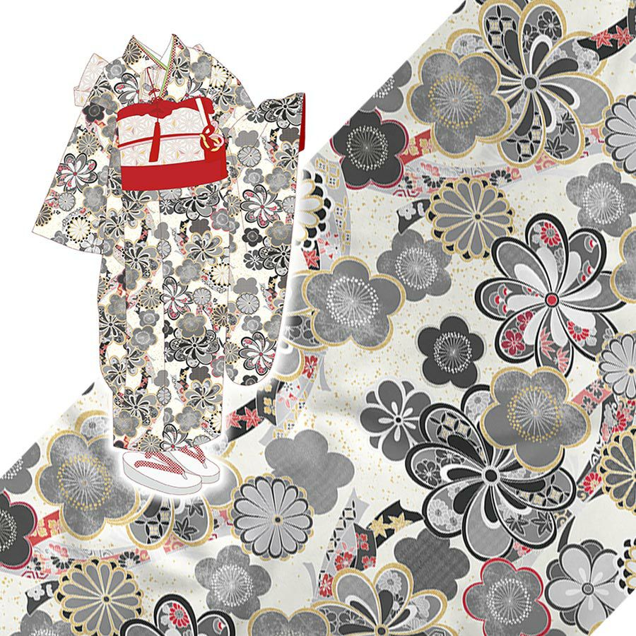 着物用洗える生地 束ねのしに和花(モノトーン) 1反売り(約12m) |生地