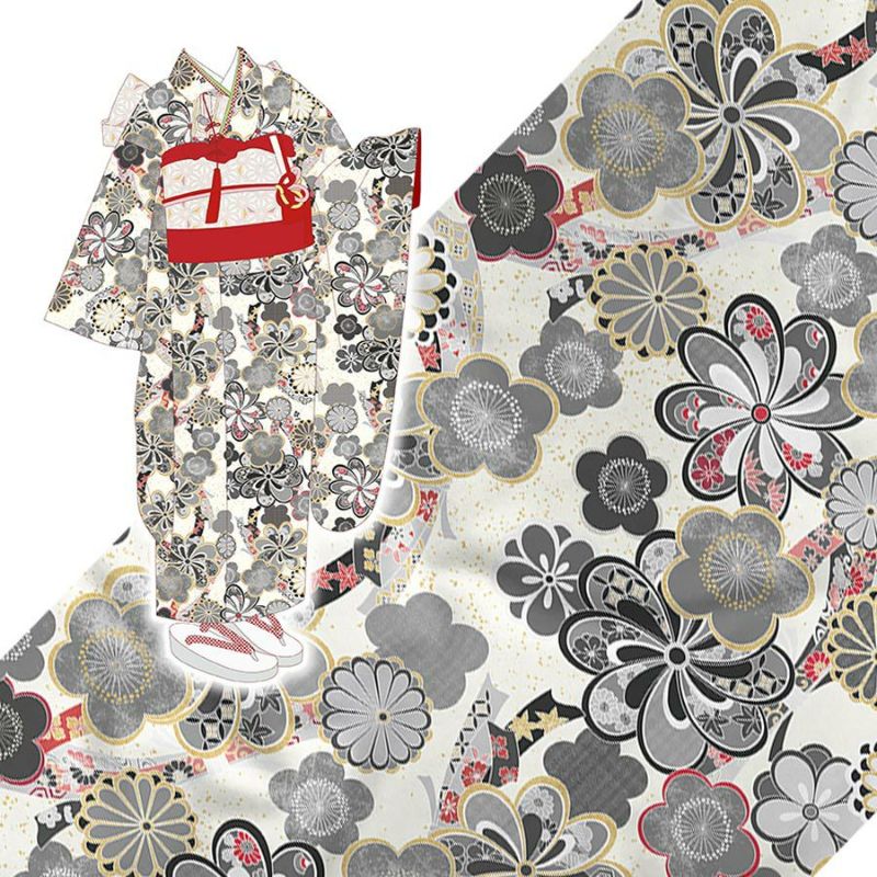 着物用洗える生地 束ねのしに和花(モノトーン) 1反売り(約12m) 七五三の祝い着や和装小物に華やか上品なポリエステル和柄反物