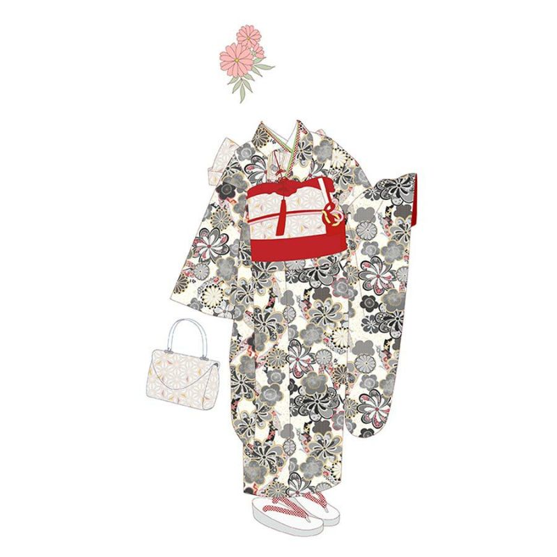 着物用洗える生地 束ねのしに和花(モノトーン) 1反売り(約12m) 七五三の祝い着や和装小物に華やか上品なポリエステル和柄反物