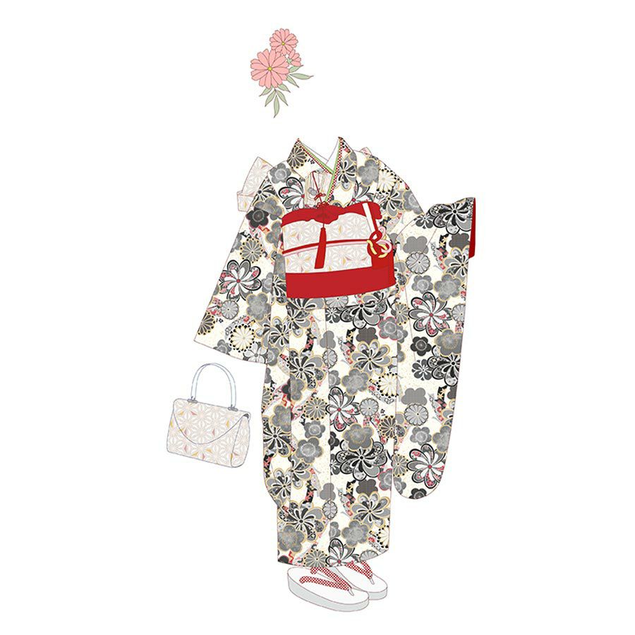 着物用洗える生地 束ねのしに和花(モノトーン) 1反売り(約12m) 七五三の祝い着や和装小物に華やか上品なポリエステル和柄反物