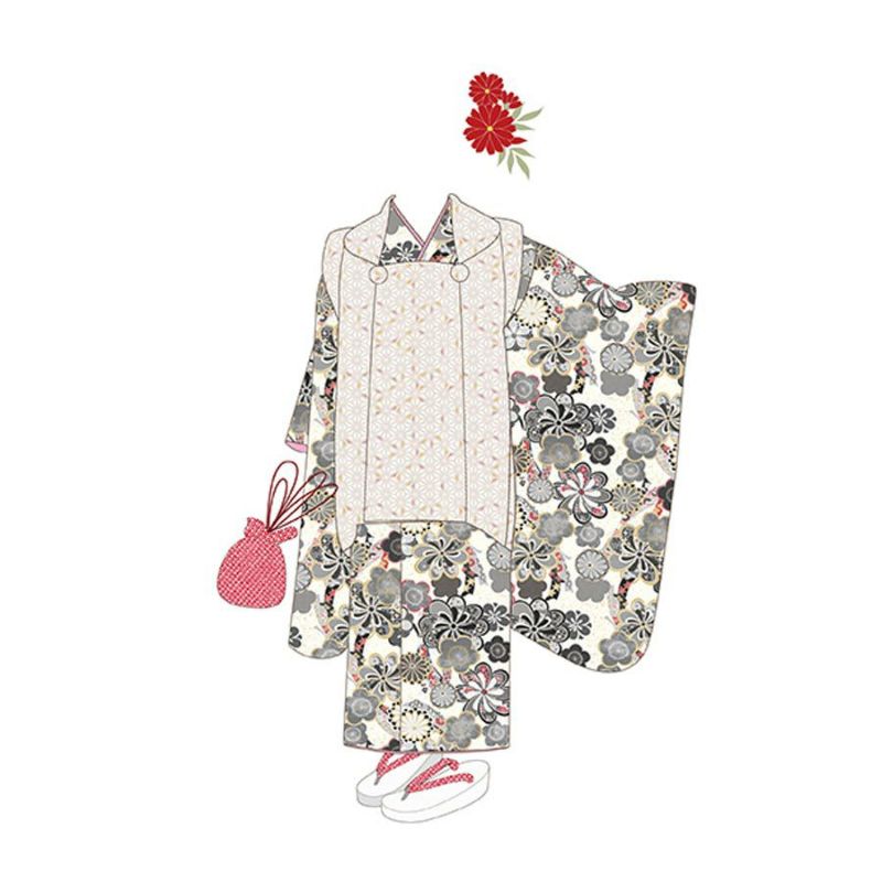 着物用洗える生地 束ねのしに和花(モノトーン) 1反売り(約12m) 七五三の祝い着や和装小物に華やか上品なポリエステル和柄反物