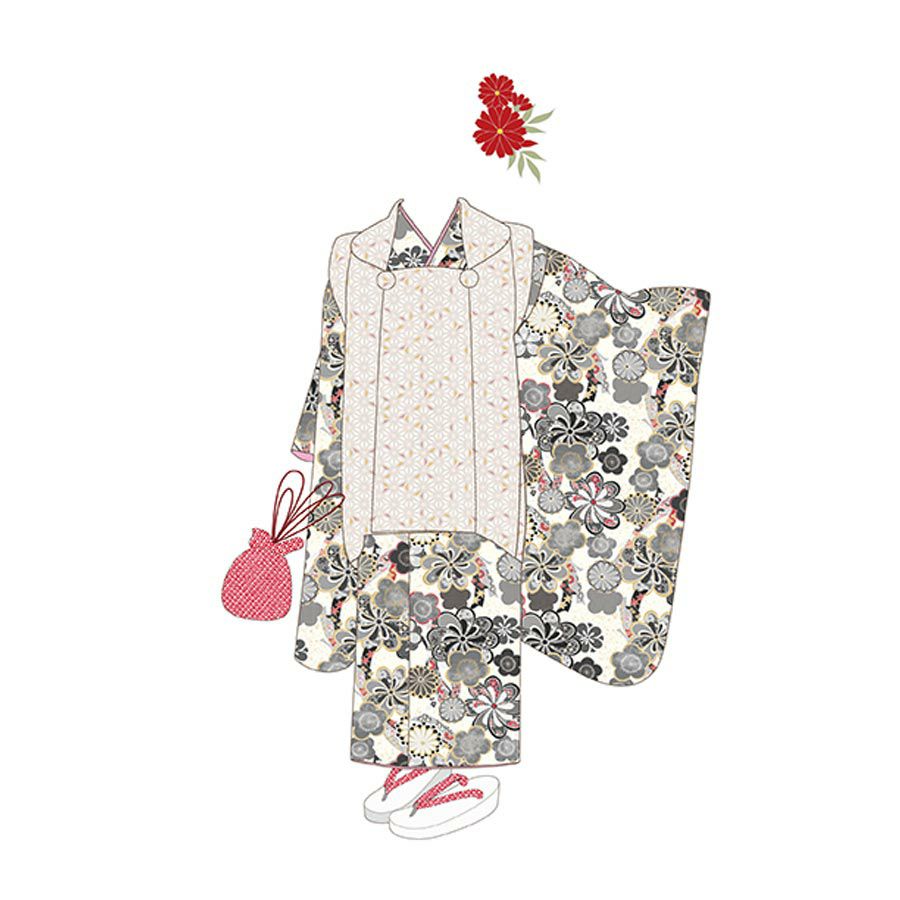 着物用洗える生地 束ねのしに和花(モノトーン) 1反売り(約12m) 七五三の祝い着や和装小物に華やか上品なポリエステル和柄反物