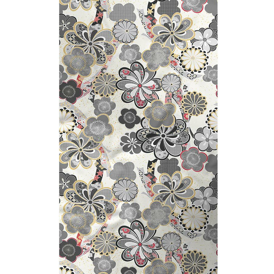 着物用洗える生地 束ねのしに和花(モノトーン) 1反売り(約12m) 七五三の祝い着や和装小物に華やか上品なポリエステル和柄反物