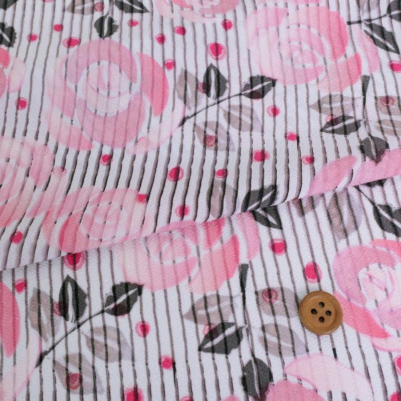ポリちりめん生地 縞にばら(ピンク/グレイ) 10cm単位 切り売り ポリエステルちりめん ポリ縮緬 洋風 薔薇 バラ 縦縞ストライプ