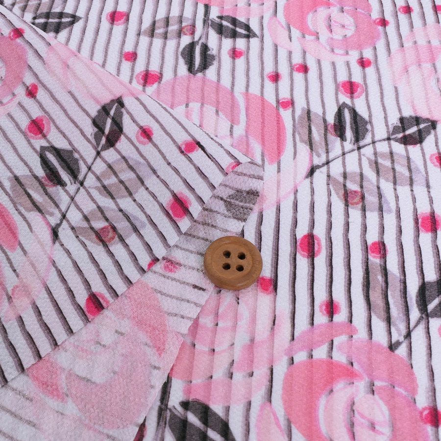 ポリちりめん生地 縞にばら(ピンク/グレイ) 10cm単位 切り売り ポリエステルちりめん ポリ縮緬 洋風 薔薇 バラ 縦縞ストライプ
