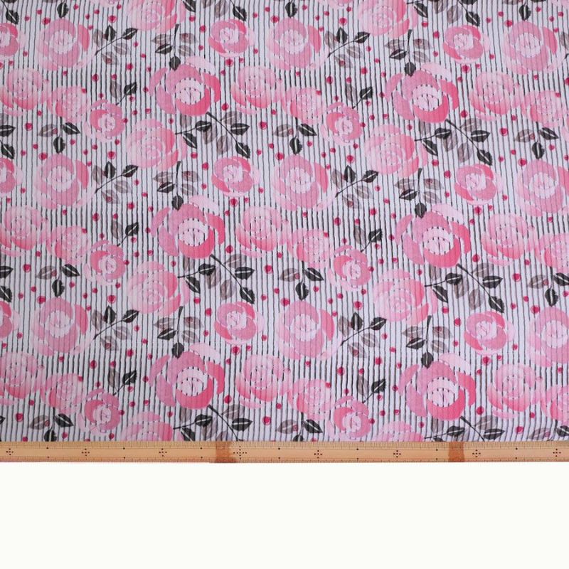 ポリちりめん生地 縞にばら(ピンク/グレイ) 10cm単位 切り売り ポリエステルちりめん ポリ縮緬 洋風 薔薇 バラ 縦縞ストライプ