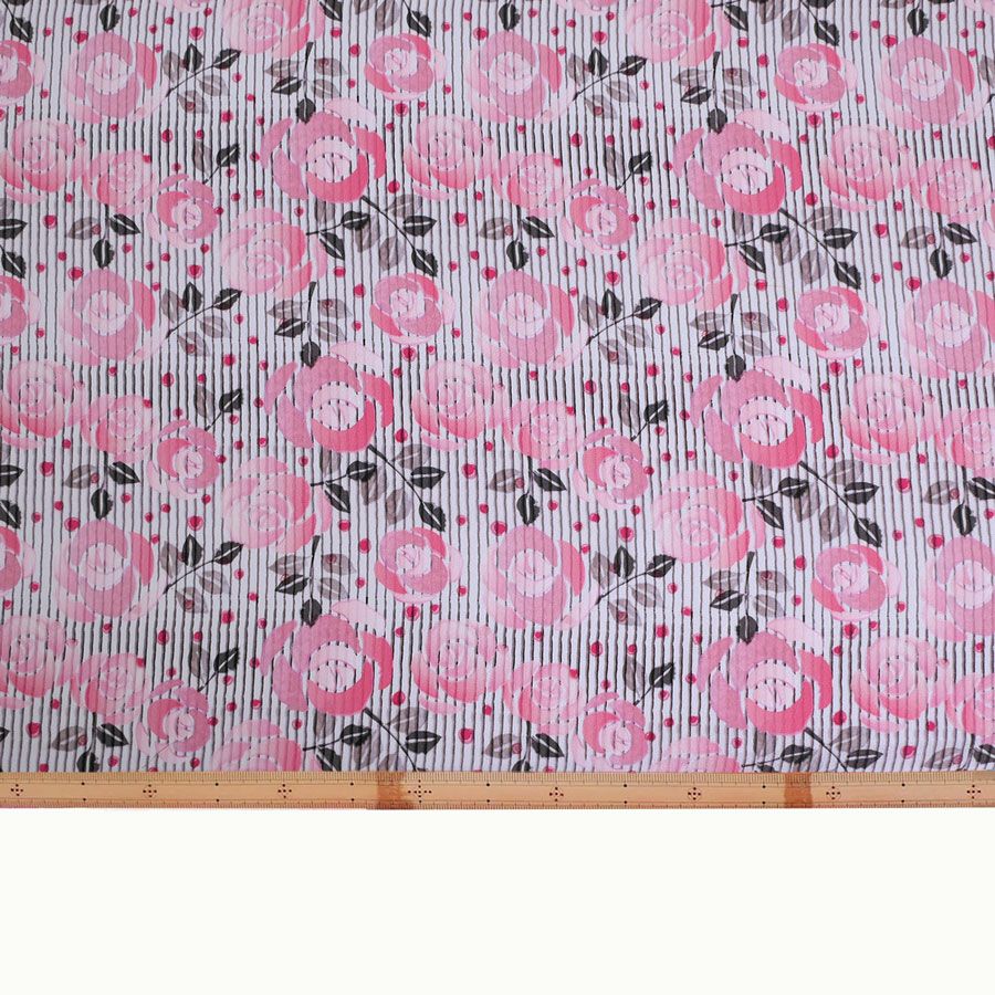 ポリちりめん生地 縞にばら(ピンク/グレイ) 10cm単位 切り売り ポリエステルちりめん ポリ縮緬 洋風 薔薇 バラ 縦縞ストライプ