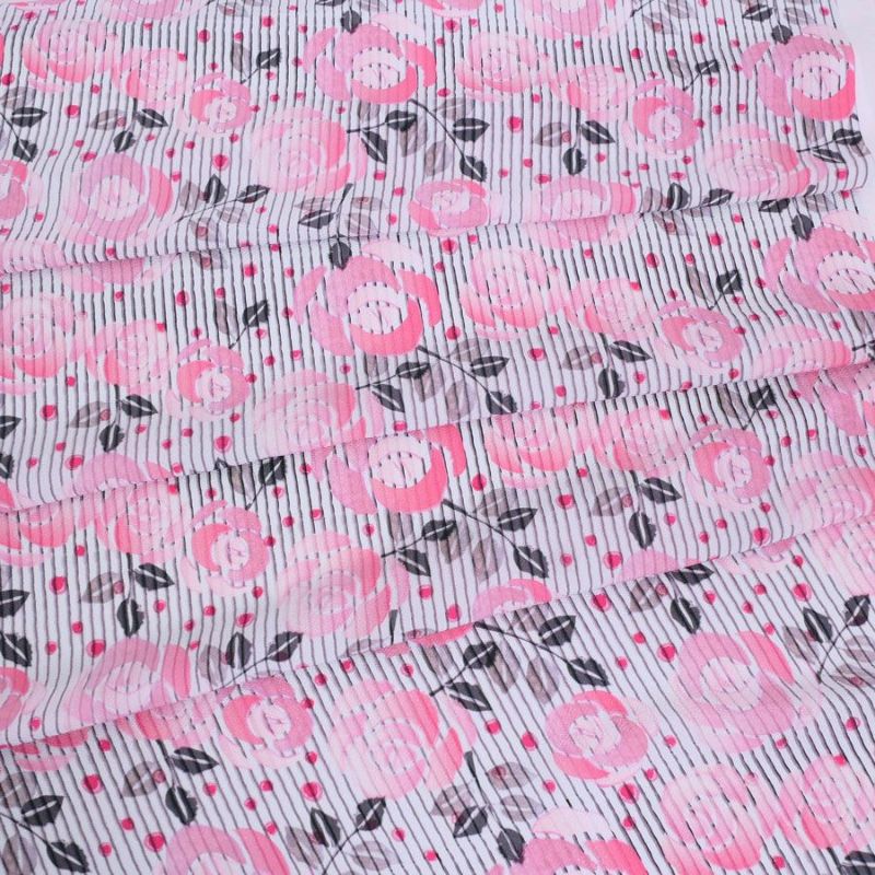 ポリちりめん生地 縞にばら(ピンク/グレイ) 10cm単位 切り売り ポリエステルちりめん ポリ縮緬 洋風 薔薇 バラ 縦縞ストライプ