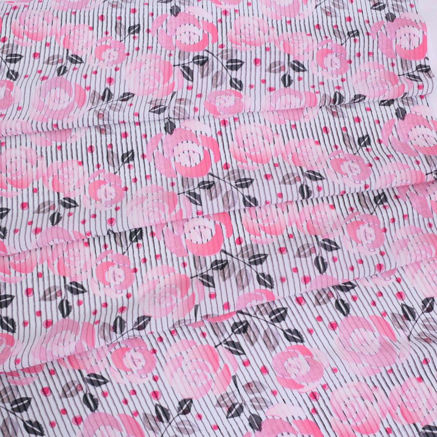 ポリちりめん生地 縞にばら(ピンク/グレイ) 10cm単位 切り売り ポリエステルちりめん ポリ縮緬 洋風 薔薇 バラ 縦縞ストライプ