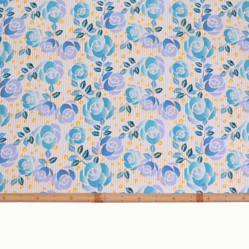 ポリちりめん生地 縞にばら(水色) 10cm単位 切り売り ポリエステルちりめん ポリ縮緬 洋風 薔薇 バラ 縦縞ストライプ