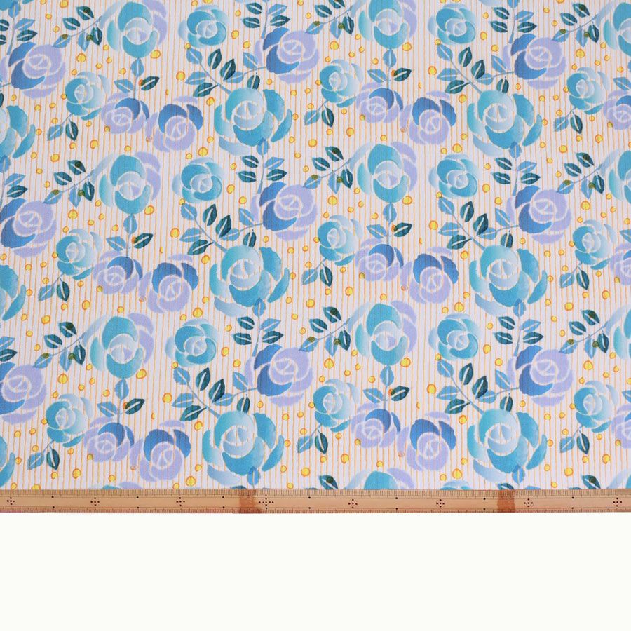 ポリちりめん生地 縞にばら(水色) 10cm単位 切り売り ポリエステルちりめん ポリ縮緬 洋風 薔薇 バラ 縦縞ストライプ