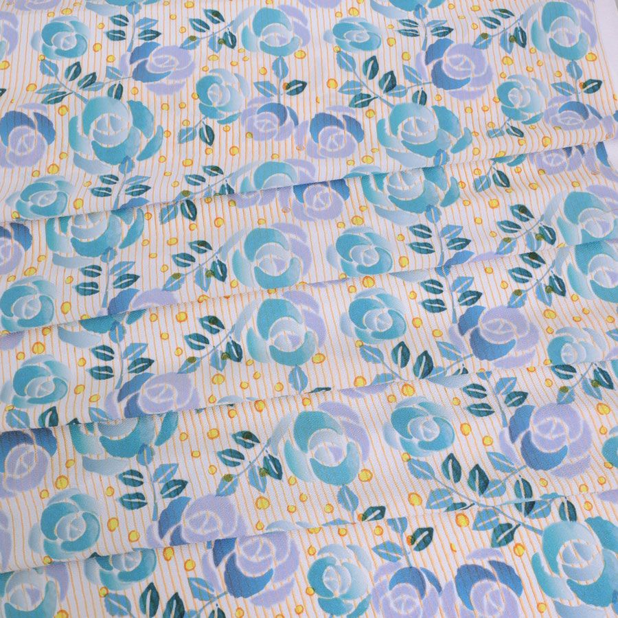 ポリちりめん生地 縞にばら(水色) 10cm単位 切り売り ポリエステルちりめん ポリ縮緬 洋風 薔薇 バラ 縦縞ストライプ