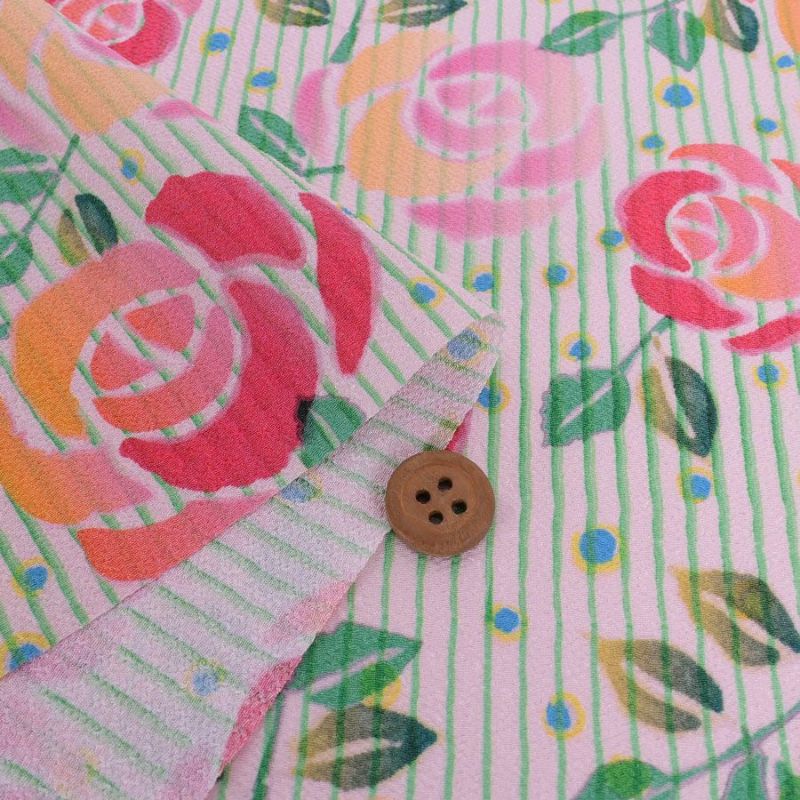 ポリちりめん生地 縞にばら(ピンク/緑) 10cm単位 切り売り ポリエステルちりめん ポリ縮緬 洋風 薔薇 バラ 縦縞ストライプ