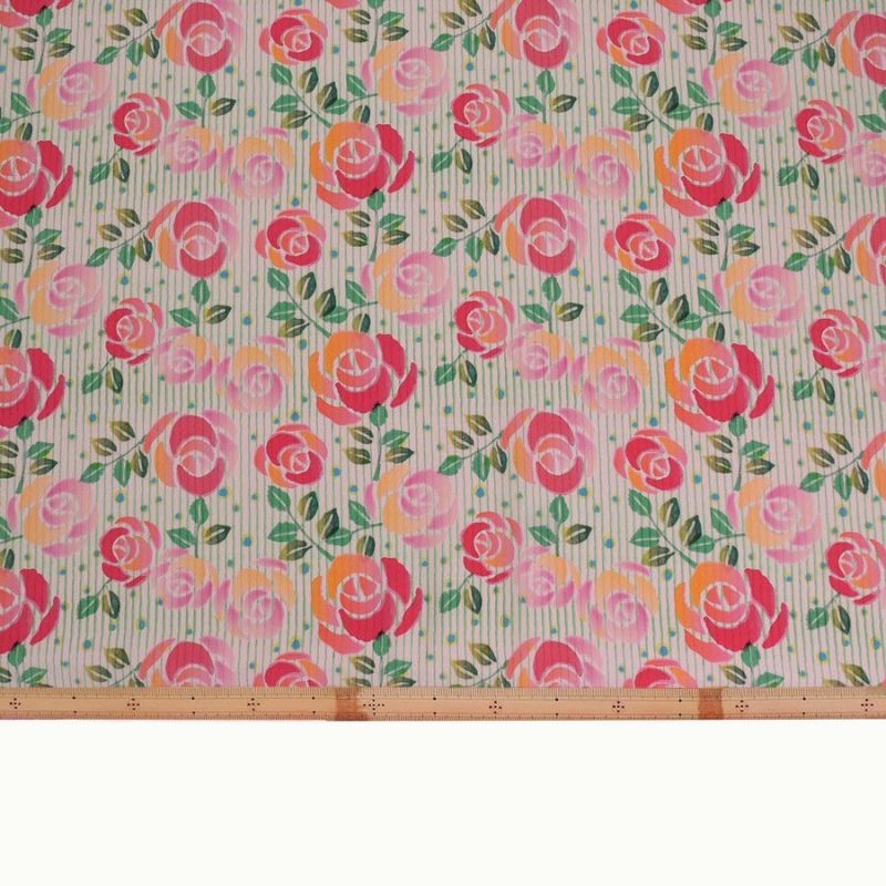 ポリちりめん生地 縞にばら(ピンク/緑) 10cm単位 切り売り ポリエステルちりめん ポリ縮緬 洋風 薔薇 バラ 縦縞ストライプ