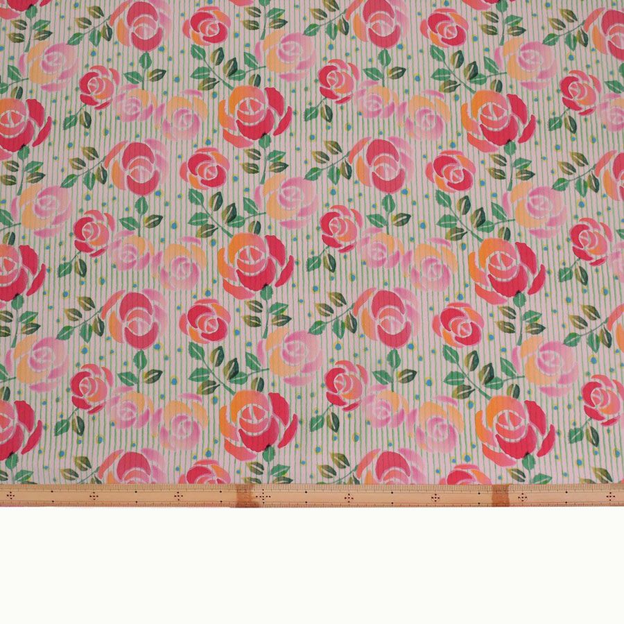 ポリちりめん生地 縞にばら(ピンク/緑) 10cm単位 切り売り ポリエステルちりめん ポリ縮緬 洋風 薔薇 バラ 縦縞ストライプ