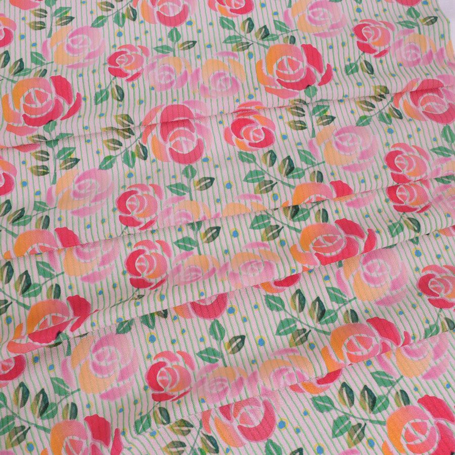 ポリちりめん生地 縞にばら(ピンク/緑) 10cm単位 切り売り ポリエステルちりめん ポリ縮緬 洋風 薔薇 バラ 縦縞ストライプ