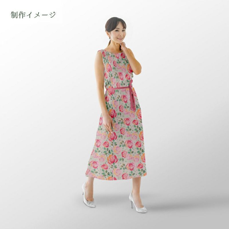 ポリちりめん生地 縞にばら(ピンク/緑) 10cm単位 切り売り ポリエステルちりめん ポリ縮緬 洋風 薔薇 バラ 縦縞ストライプ