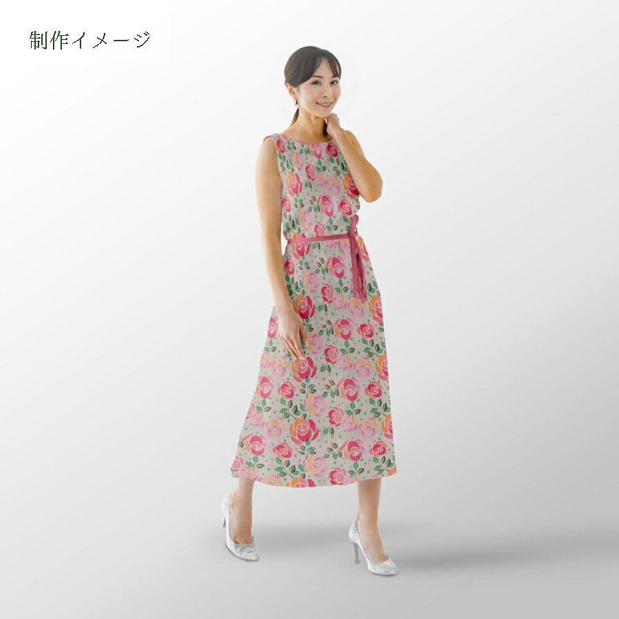 ポリちりめん生地 縞にばら(ピンク/緑) 10cm単位 切り売り ポリエステルちりめん ポリ縮緬 洋風 薔薇 バラ 縦縞ストライプ