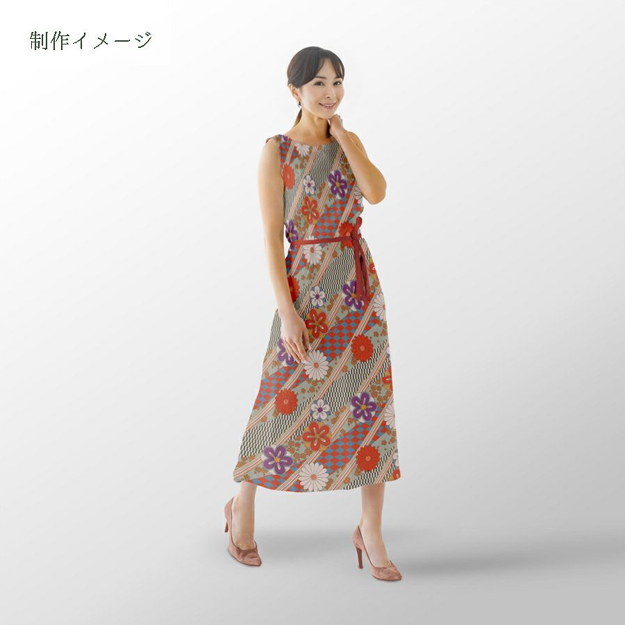 ポリちりめん生地 斜め市松に花(浅緑) 10cm単位 切り売り 衣装向き洗えるちりめん よさこい 水洗い可能 昭和レトロ和柄