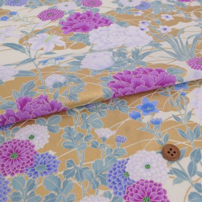 和柄コットン生地 琳派風の四季花(紫) 10cm単位 切り売り
