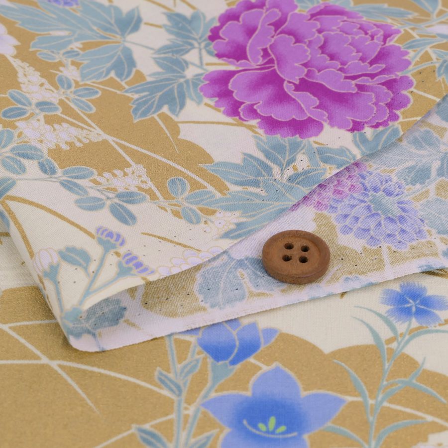 和柄コットン生地 琳派風の四季花(紫) 10cm単位 切り売り 和風花柄シーチング 四季富花 和風内装クロスやインテリアにも