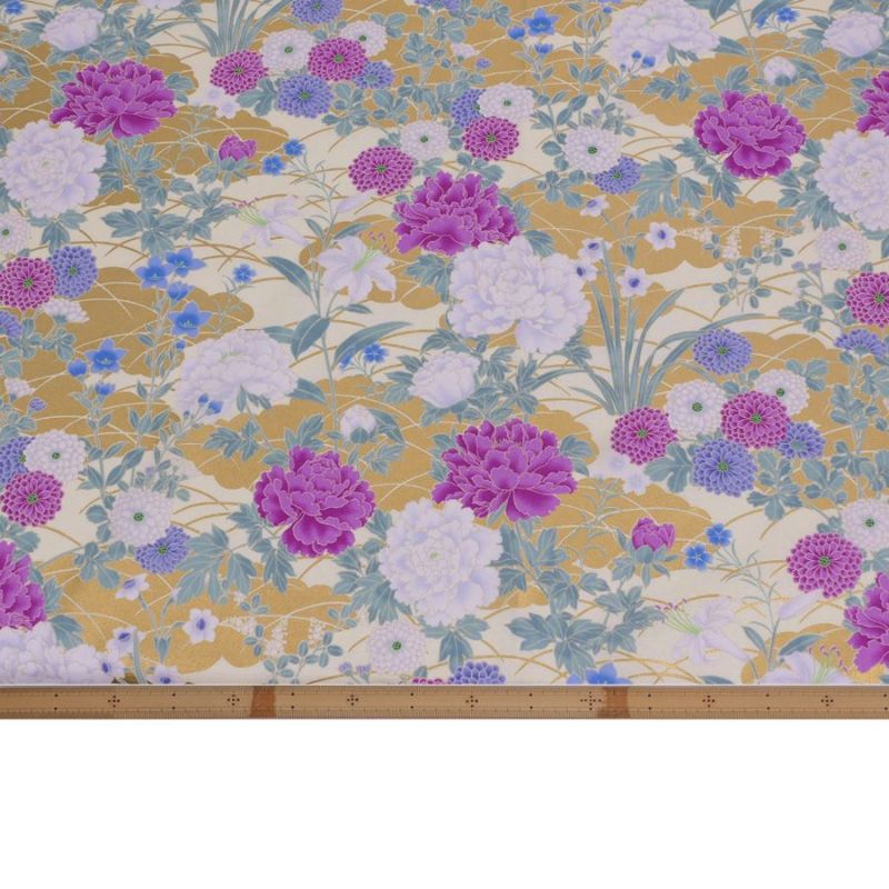 和柄コットン生地 琳派風の四季花(紫) 10cm単位 切り売り 和風花柄シーチング 四季富花 和風内装クロスやインテリアにも