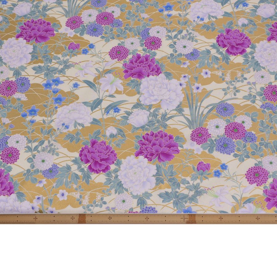 和柄コットン生地 琳派風の四季花(紫) 10cm単位 切り売り 和風花柄シーチング 四季富花 和風内装クロスやインテリアにも