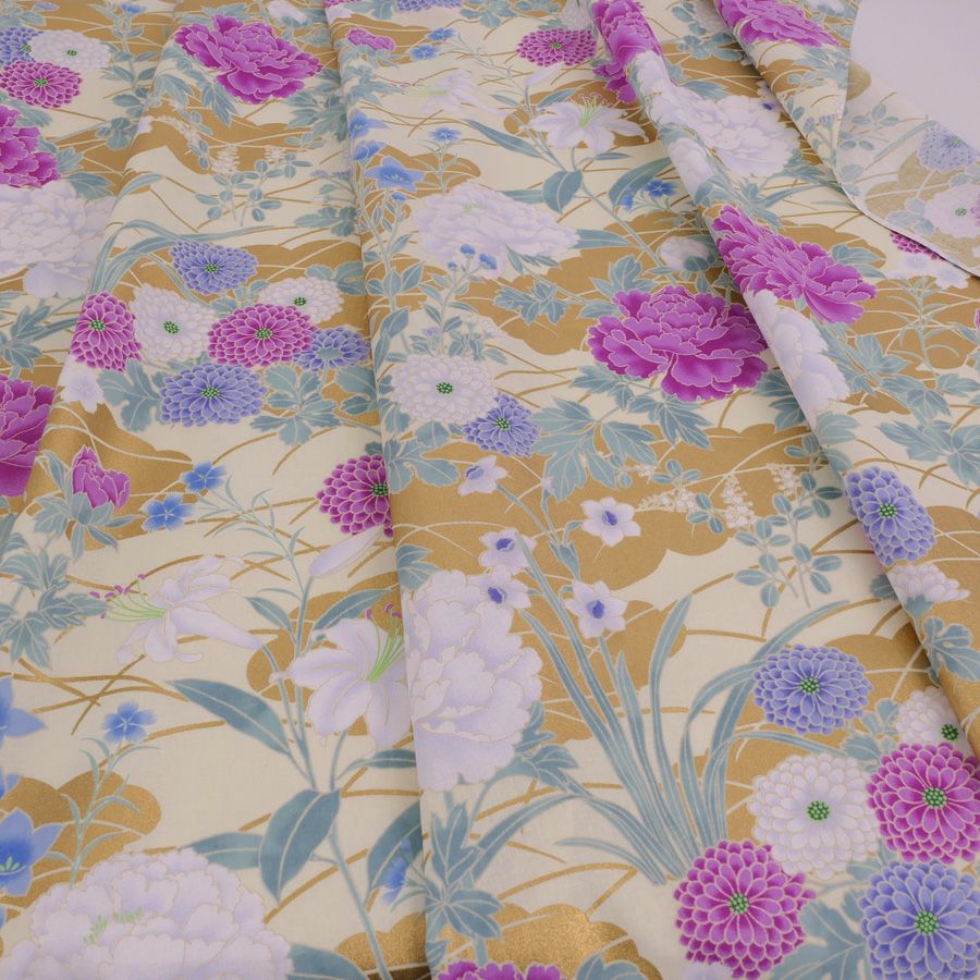 和柄コットン生地 琳派風の四季花(紫) 10cm単位 切り売り 和風花柄シーチング 四季富花 和風内装クロスやインテリアにも