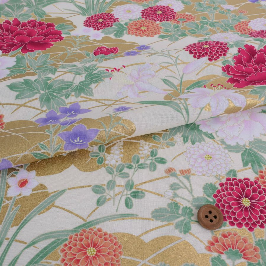 和柄コットン生地 琳派風の四季花(紅色) 10cm単位 切り売り 和風花柄生地 四季富花 和風内装クロスやパーティションに