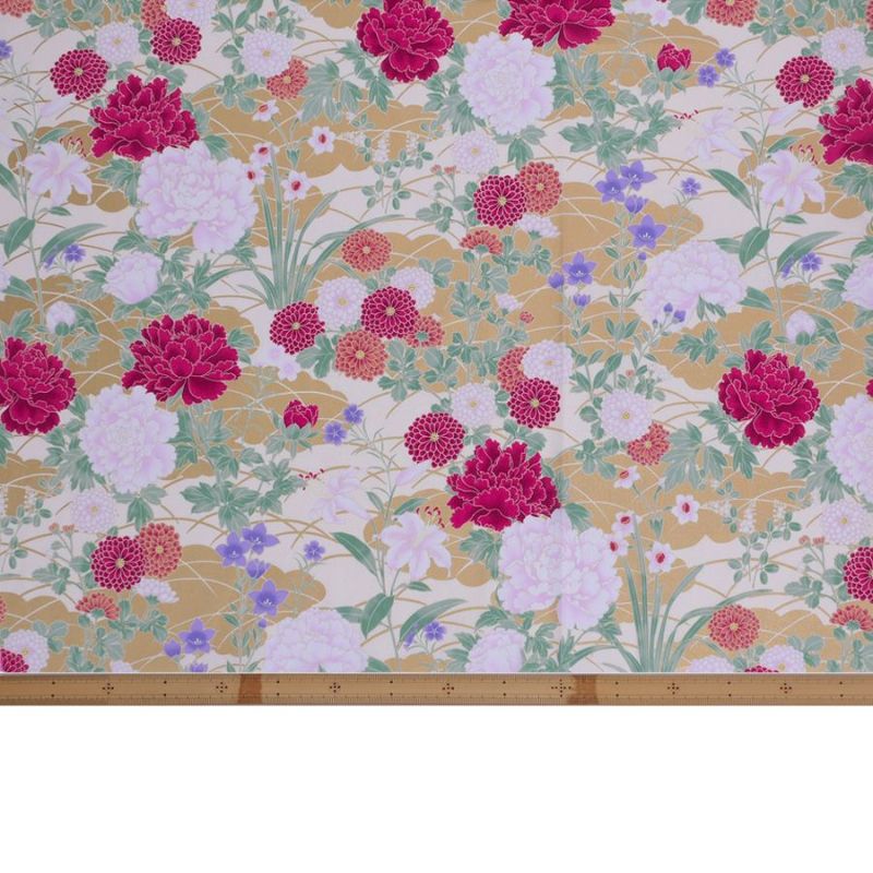 和柄コットン生地 琳派風の四季花(紅色) 10cm単位 切り売り 和風花柄生地 四季富花 和風内装クロスやパーティションに