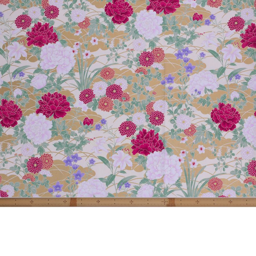 和柄コットン生地 琳派風の四季花(紅色) 10cm単位 切り売り 和風花柄生地 四季富花 和風内装クロスやパーティションに