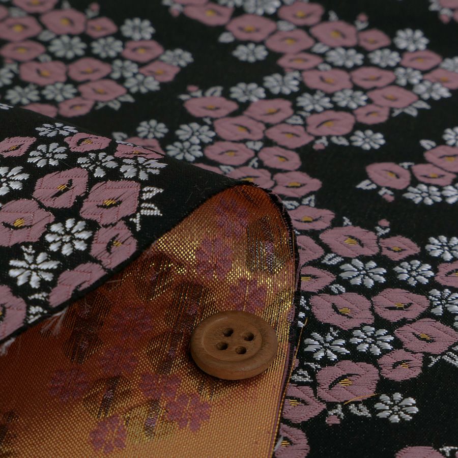 金襴生地(金らん) 椿波(黒/ピンク) 10cm単位 切り売り 京都西陣織物 モダンなつばき柄きんらん 和柄布 和風 帯や小物に